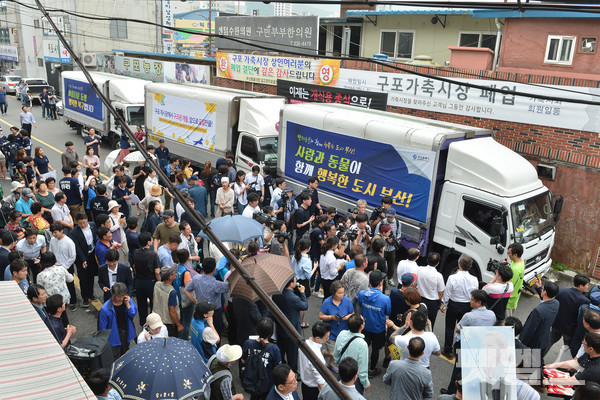 지난해 7월 구포 가축시장 폐업 협약 및 구조동물 이송 모습 [사진=부산시]