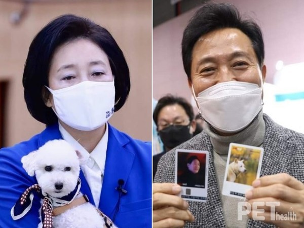 최근 서울 강남구 세텍(SETEC)에서 열린 반려동물 박람회 ‘케이펫페어’를 찾은 박영선 더불어민주당 서울시장 후보(사진 왼쪽)와 오세훈 국민의힘 후보. 사진 각후보페이스북