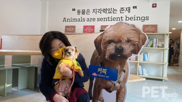 심상정 정의당 대통령후보는 9일 경기 파주에 있는 카라 더봄센터를 찾아 ‘마음으로 하는 입양’ 프로그램을 통해 입양한 ‘커피’를 안아주고 있다. 사진 심상정후보블로그