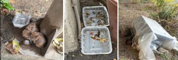 길고양이 급식 관련 민원발생 사례. (왼쪽부터) 비닐봉지에 담긴 사료, 급식물품 방치, 비닐가설로 미관저해. 사진 서울시
