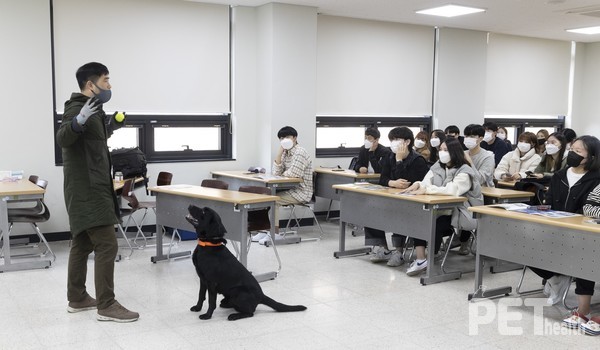 경찰견 맥스와 함께하는 진로탐색 특강 모습. 사진 신라대학교