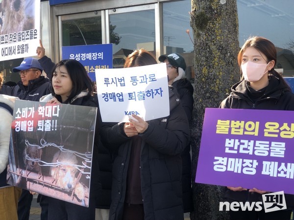 동물권행동 카라 등 19개 동물보호단체로 구성된 '루시의 친구들'이 6일 위성곤 국회의원의 의정보고회가 열린 서귀포학생문화원 앞에서 루시법을 지지하는 집회 및 기자회견을 열었다. ⓒ뉴스펫