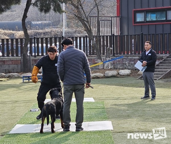 지난 2월 농림축산식품부 등이 참석한 가운데 열린 KCMC문화원 반려견 기질평가 시연 모습. 사진 KCMC문화원