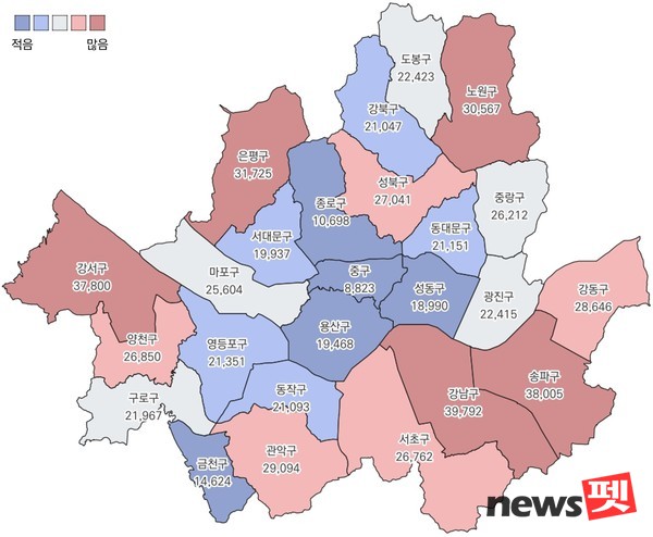 서울시 자치구별 반려견 등록현황 (등록 수). 자료 서울디지털재단